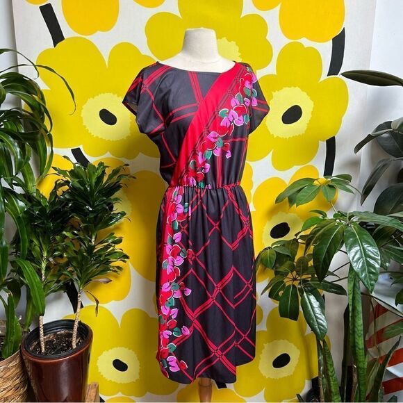 Vivid Vintage 1970s Disco Secretary Style Cinch Waist Midi Dress - Picture 1 of 8